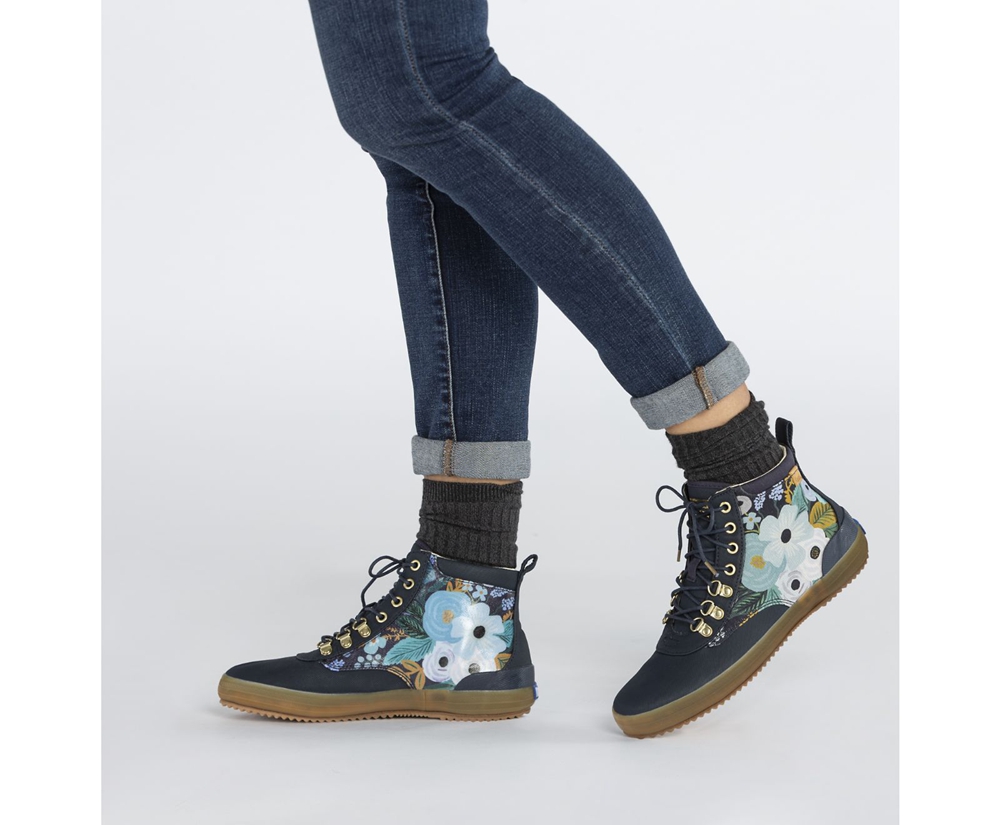 Womens Keds Boots - Rifle Paper Co. Scout Water-Resistant Garden Party - Navy - 5402-UIGXJ